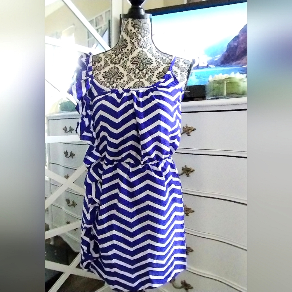 Chevron One Shoulder Ruffle Mini Dress